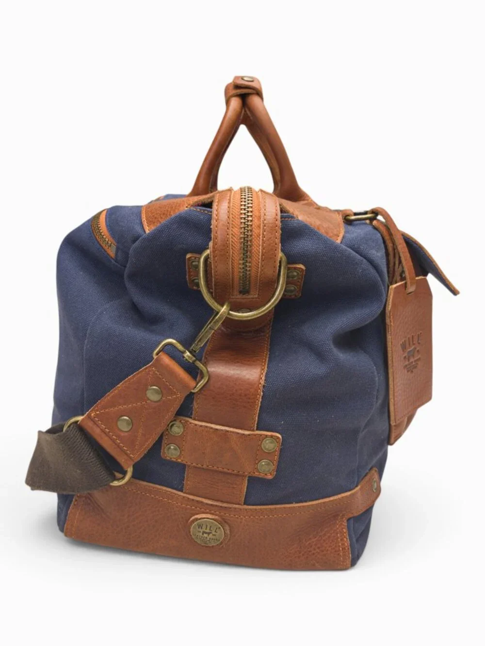Will Leather Goods Canvas + Leather Travel Duffle, Navy/Tan, 20x13x10